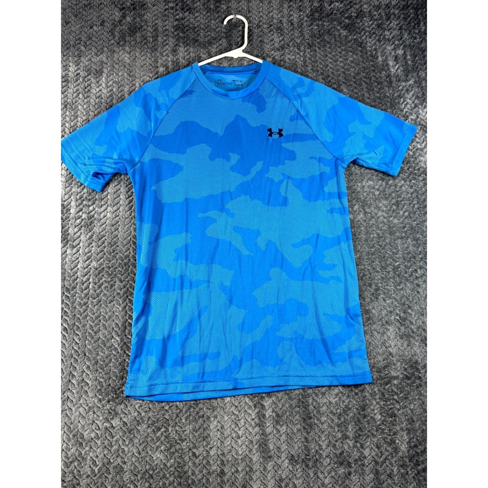 Under Armour HeatGear T Shirt Mens Small Blue Camouflage Loose Fit Sweat Wicking